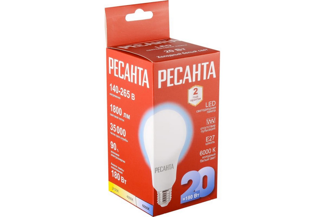 Лампа светодиодная Ресанта LL-R 76/1/76 E27 20Вт 110-250В груша Холодный белый (голубой)