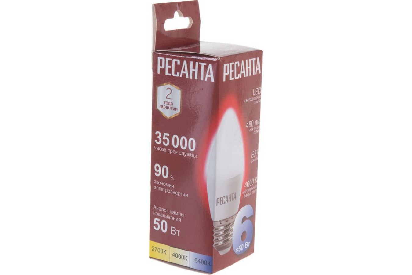 Лампа светодиодная Ресанта LL-R 76/1/10 E27 6Вт 110-250В свеча Нейтральный белый